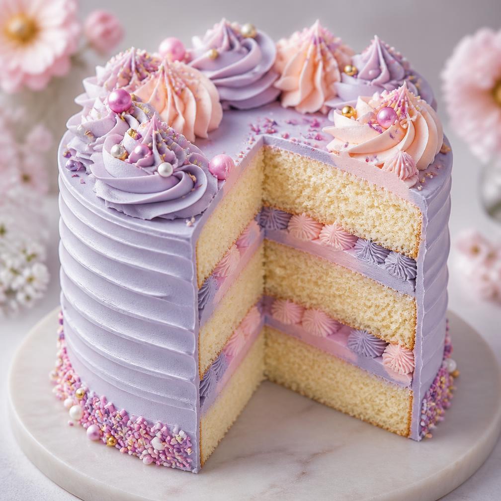 Pastel layer cake with piped buttercream