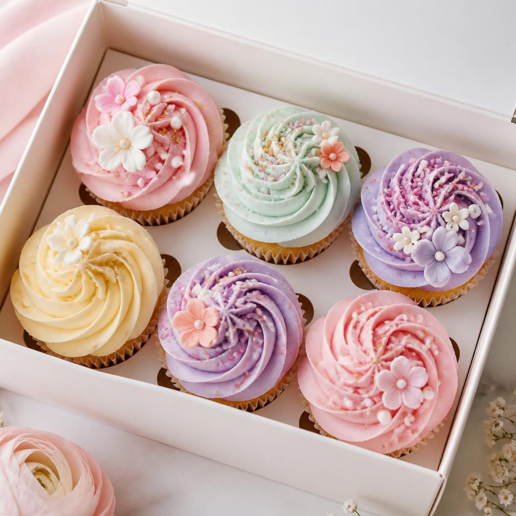 Box of six pastel cupcakes